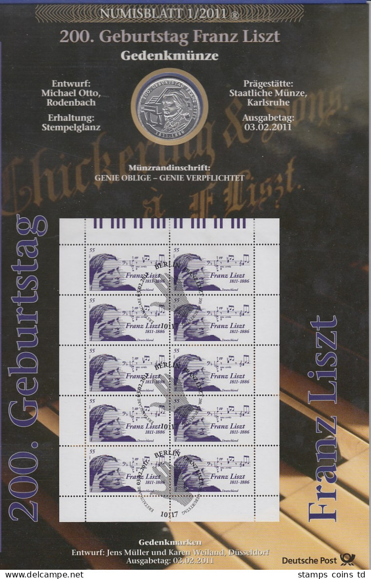 Bundesrepublik Numisblatt 1/2011 Franz Liszt Mit 10-Euro-Silbermünze - Verzamelingen