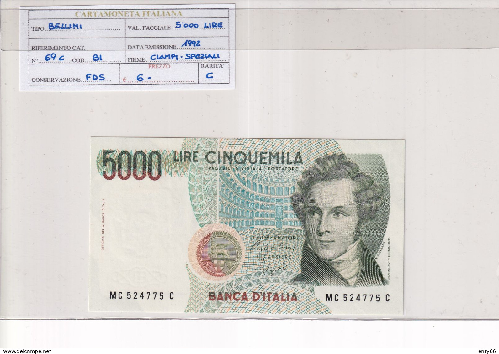 ITALIA  5000 LIRE BELLINI 1992 CAT 69C - 5.000 Lire