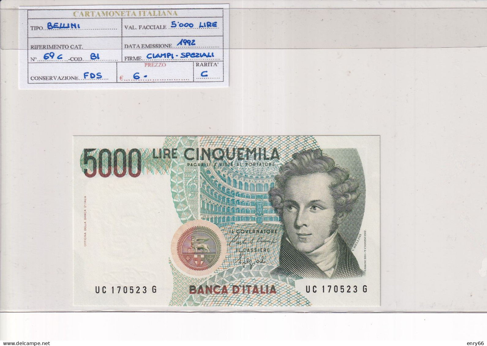 ITALIA  5000 LIRE BELLINI 1992 CAT 69C - 5000 Liras