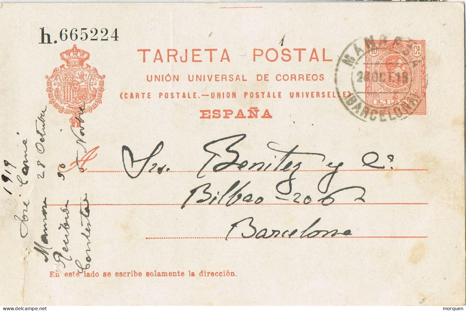 53817. Entero Postal MANRESA (Barcelona) 1919. Alfonso XIII Medallon 10 Cts - 1850-1931