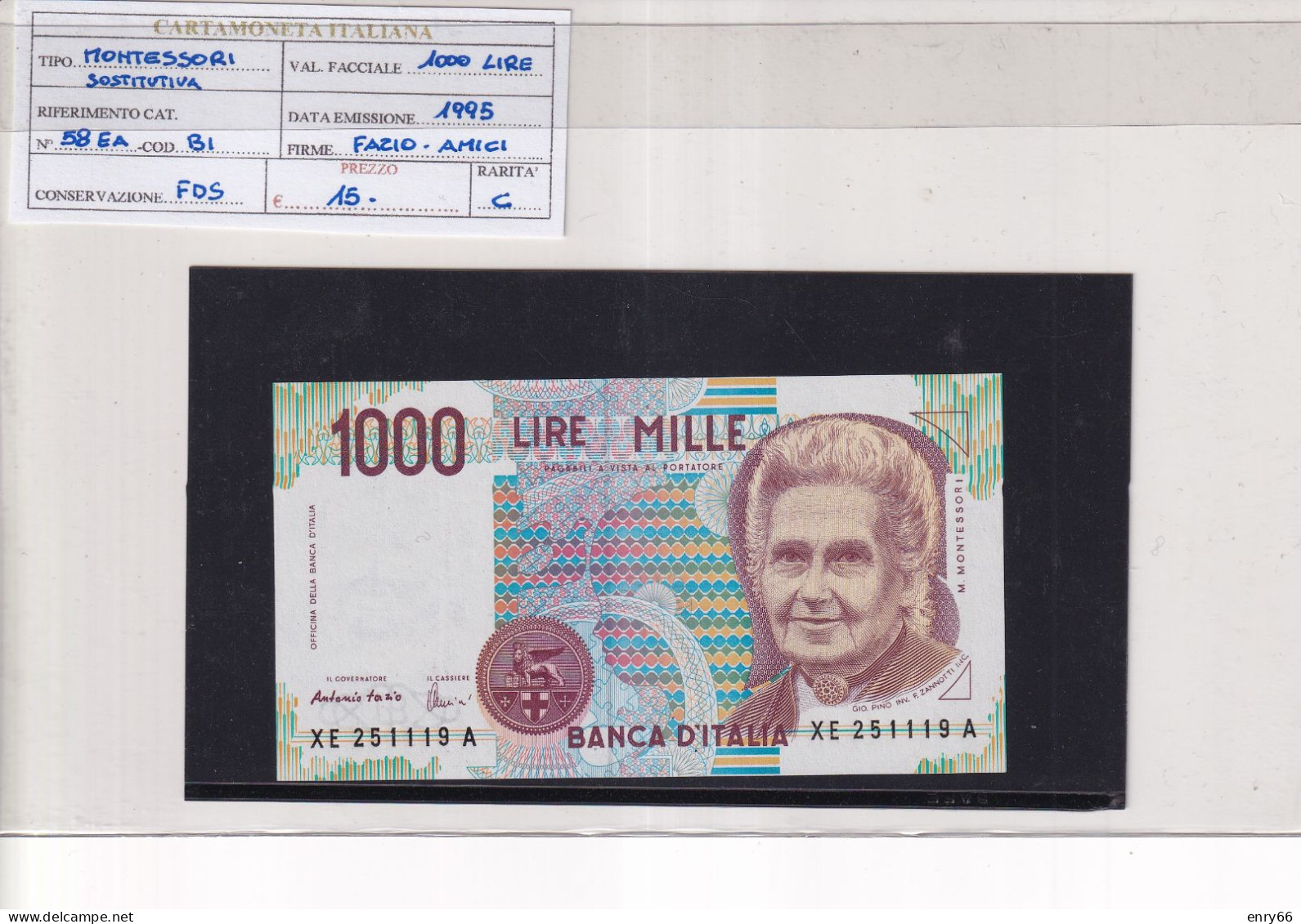 ITALIA  1000 LIRE 1995 CAT 58EA SOSTITUTIVA - 1000 Lire