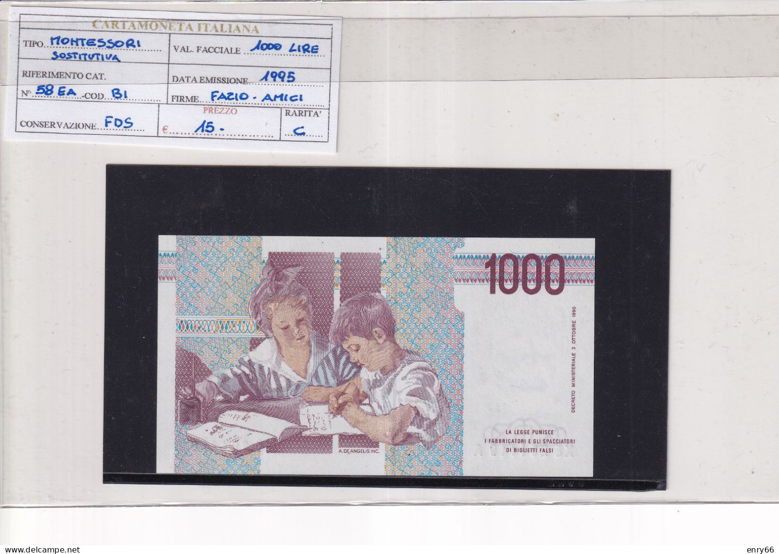ITALIA  1000 LIRE 1995 CAT 58EA SOSTITUTIVA - 1.000 Lire
