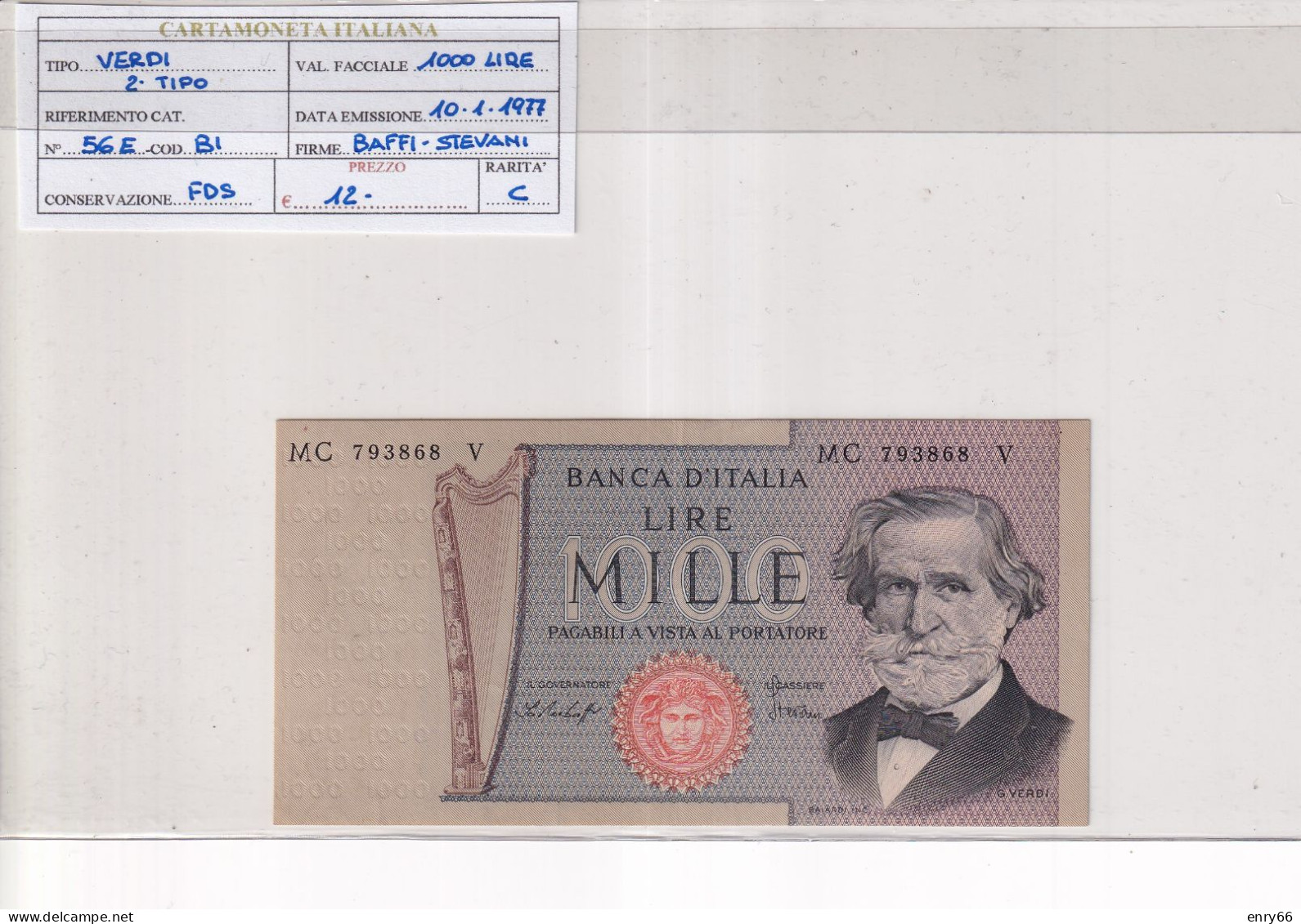 ITALIA  1000 LIRE 10-1-1977 CAT 56E - 1000 Lire