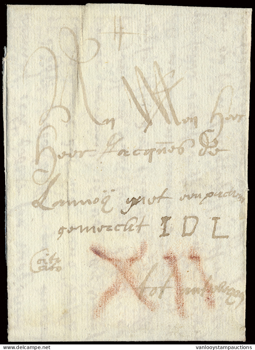 1688 Voorloper Met Inhoud, Vanuit Gent, Naar Antwerpen, Port XII In Rood Krijt, Manuscript Cito Cito, Met Bodemerk IDL ( - 1621-1713 (Pays-Bas Espagnols)