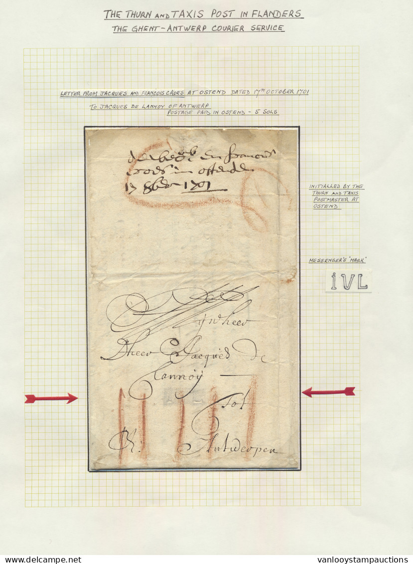 1701 Voorloper Met Inhoud, Vanuit Oostende (handgeschreven Op De Keerzijde), Naar Antwerpen, Port IIII In Rood Krijt, Bo - 1621-1713 (Pays-Bas Espagnols)