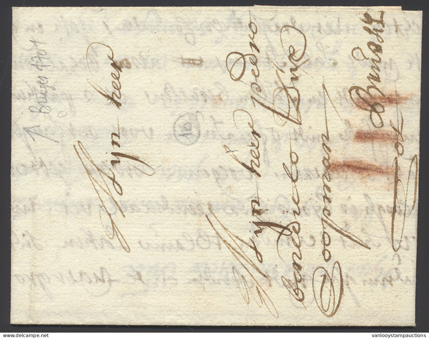 1701 Voorloper Met Inhoud, Vanuit Brugge Naar Brussel, Port 4 Krijtstrepen. Brief Getekend Door 'Douairiere De Coots'. I - 1621-1713 (Pays-Bas Espagnols)