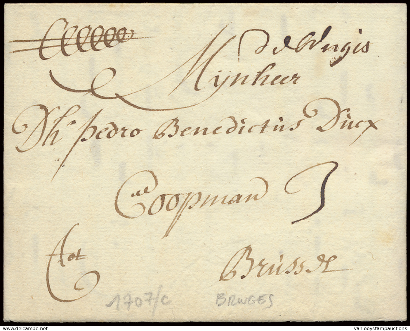 1707 Voorloper Van Brugge, Dd. 22 Maart 1707 Naar Brussel, Port: 3 Met Postmerk Type 1 De Bruges, Zm - 1621-1713 (Países Bajos Españoles)