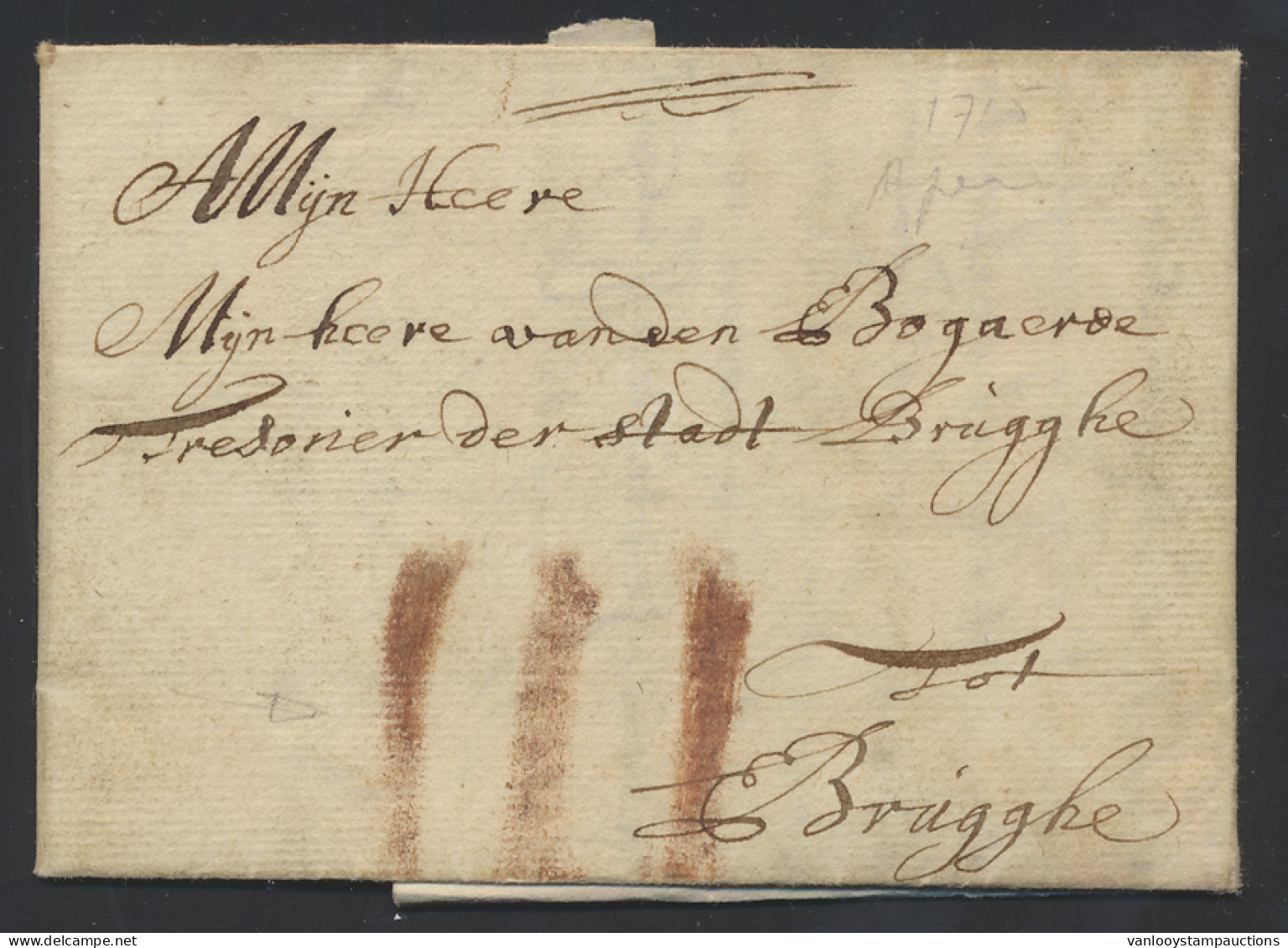 1715 Voorloper Met Inhoud, Vanuit Antwerpen Naar Brugghe (Brugge), Port Drie Rode Krijtstrepen, Zm - 1714-1794 (Paises Bajos Austriacos)