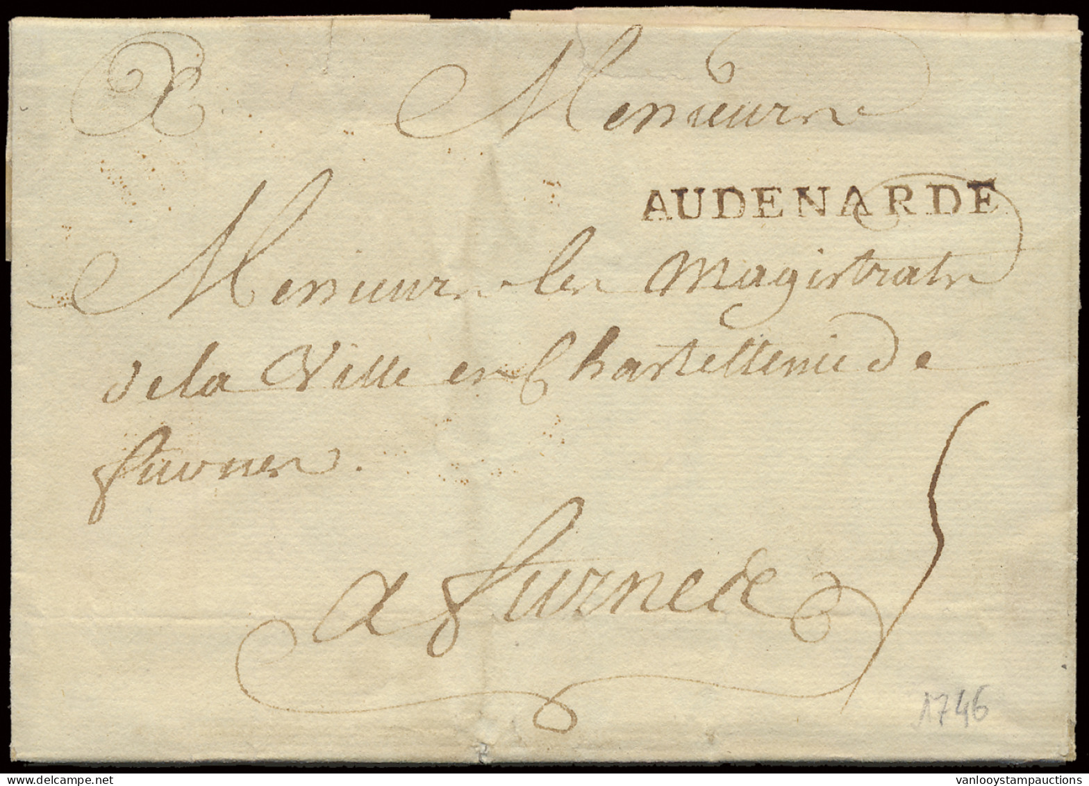 1746 Voorloper Met Inhoud, Vanuit Uit Audenarde (Herlant 10 ) Naar Furnes (Veurne), Port 5 Deciemen, Moeilijker Poststem - 1714-1794 (Pays-Bas Autrichiens)
