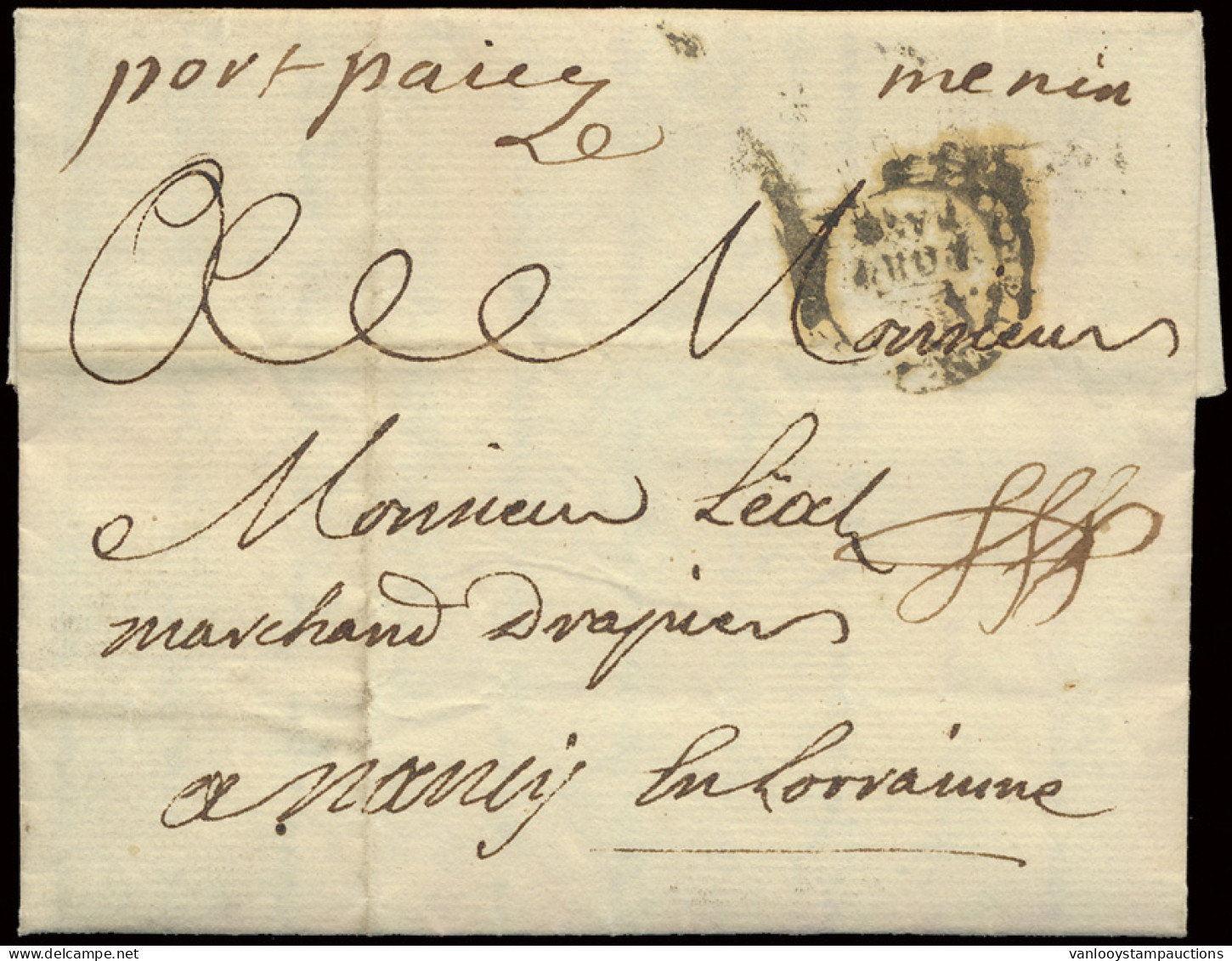 1748 ,voorloper Met Inhoud 'de Menin Le 5 Février 1748' Handgeschreven 'Menin' En Port Payé, Transit Dubbelringstempel I - 1714-1794 (Pays-Bas Autrichiens)