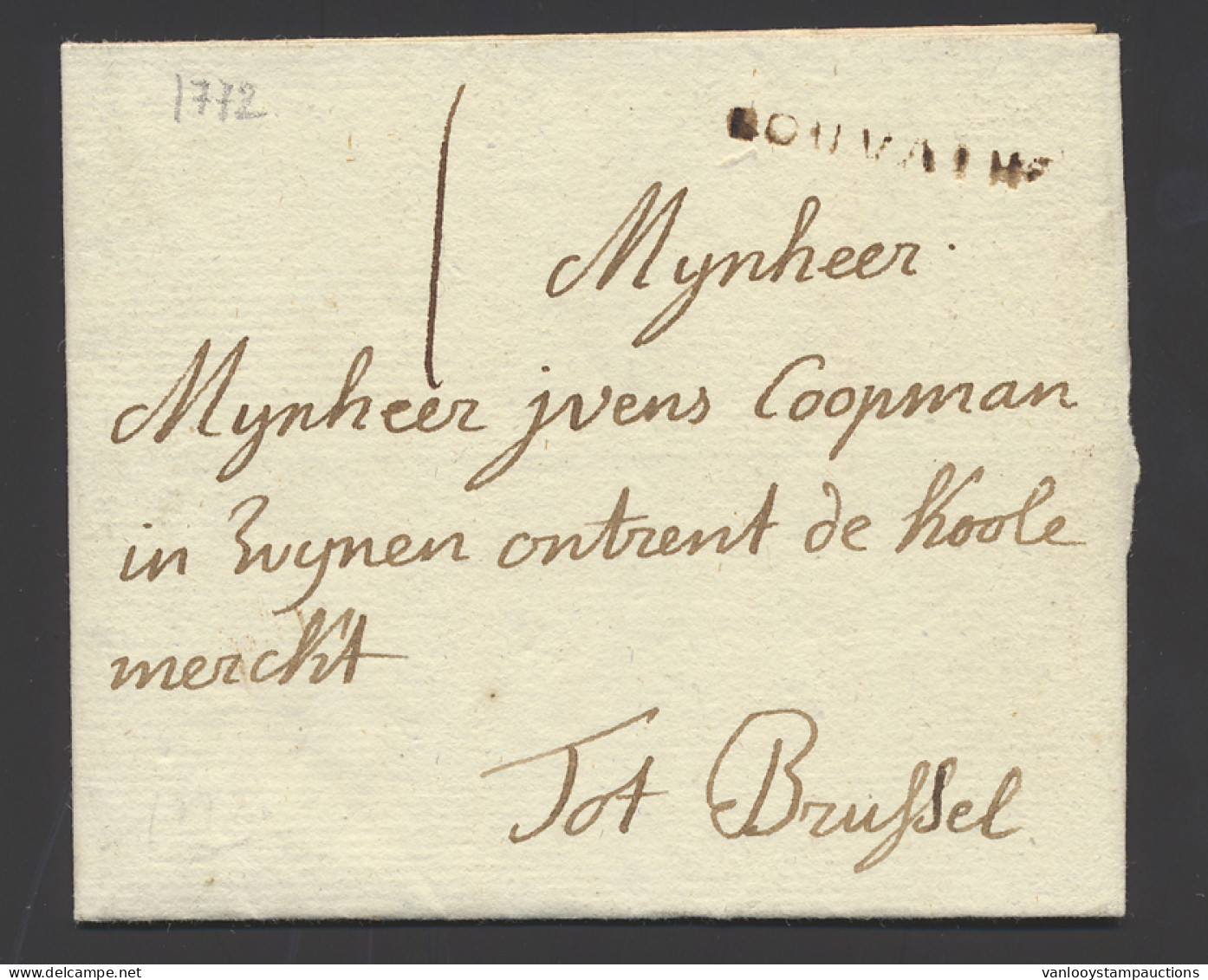 1772 Voorloper Met Inhoud, Vanuit Leuven (naamstempel LOUVAIN, Herlant 15), Naar Brussel, Port 1, Zm - 1714-1794 (Austrian Netherlands)