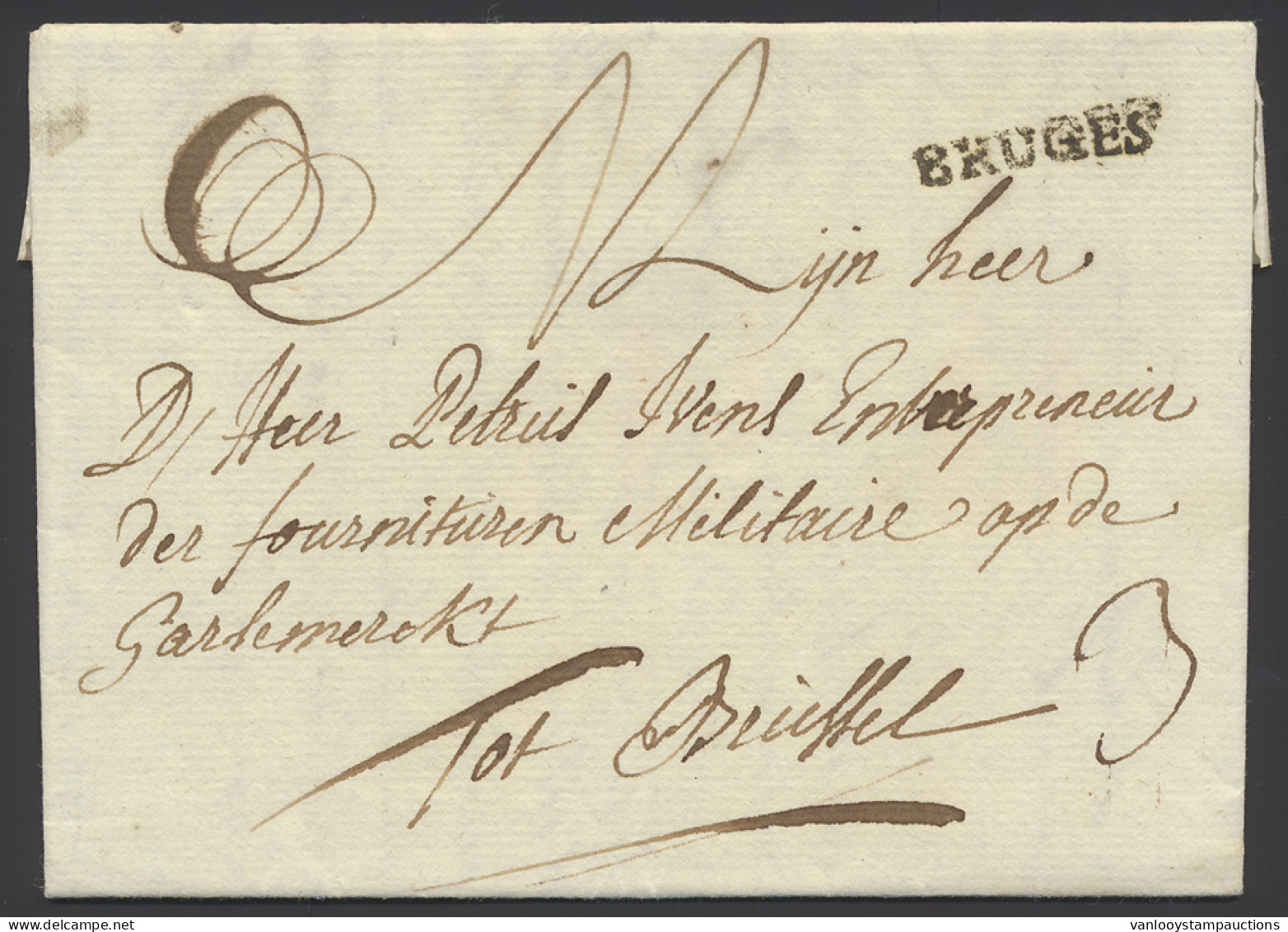 1774 Voorloper Met Inhoud, Vanuit Brugge (zwarte Naamstempel BRUGES“, Herlant 12), Naar Brussel, Port 3, Zm - 1714-1794 (Paises Bajos Austriacos)