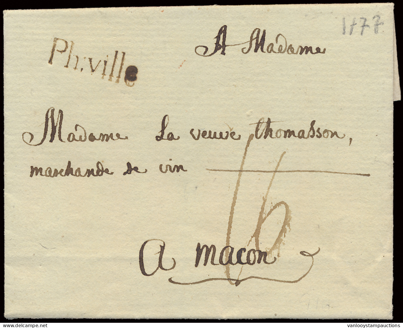 1777 Voorloper, Vanuit Philippeville (zwarte Naamstempel PH.VILLE, Herlant 7), Naar Macon (Frankrijk), Port 16, Zm - 1714-1794 (Paises Bajos Austriacos)