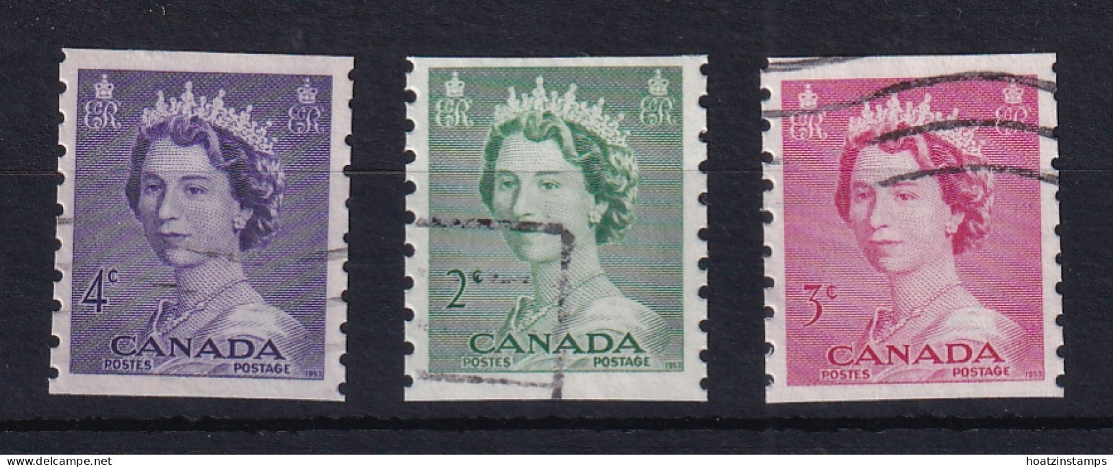 Canada: 1953   QE II - Coil Stamps Set   SG455-457  [Imperf X 9½]   Used - Usati