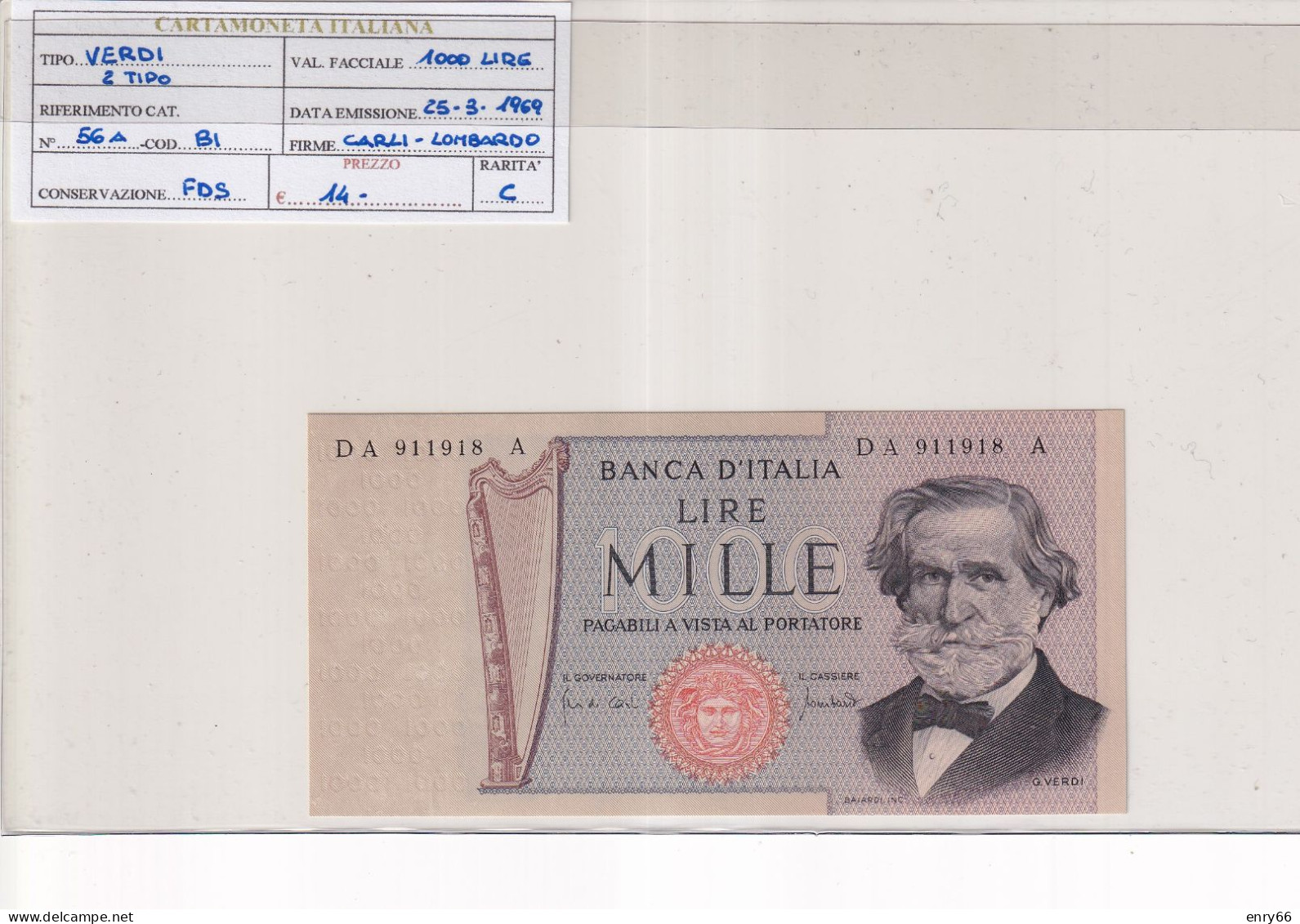 ITALIA  1000 LIRE 25-3-1969 CAT 56A - 1.000 Lire