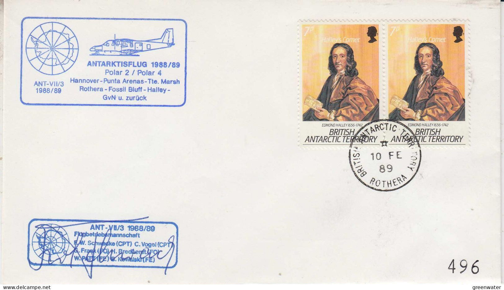 British Antarctic Territory (BAT) Flight Hannover To G. Von Neumayer Signature Ca Rothera 10 FE 1989 (PT162D) - Vuelos Polares