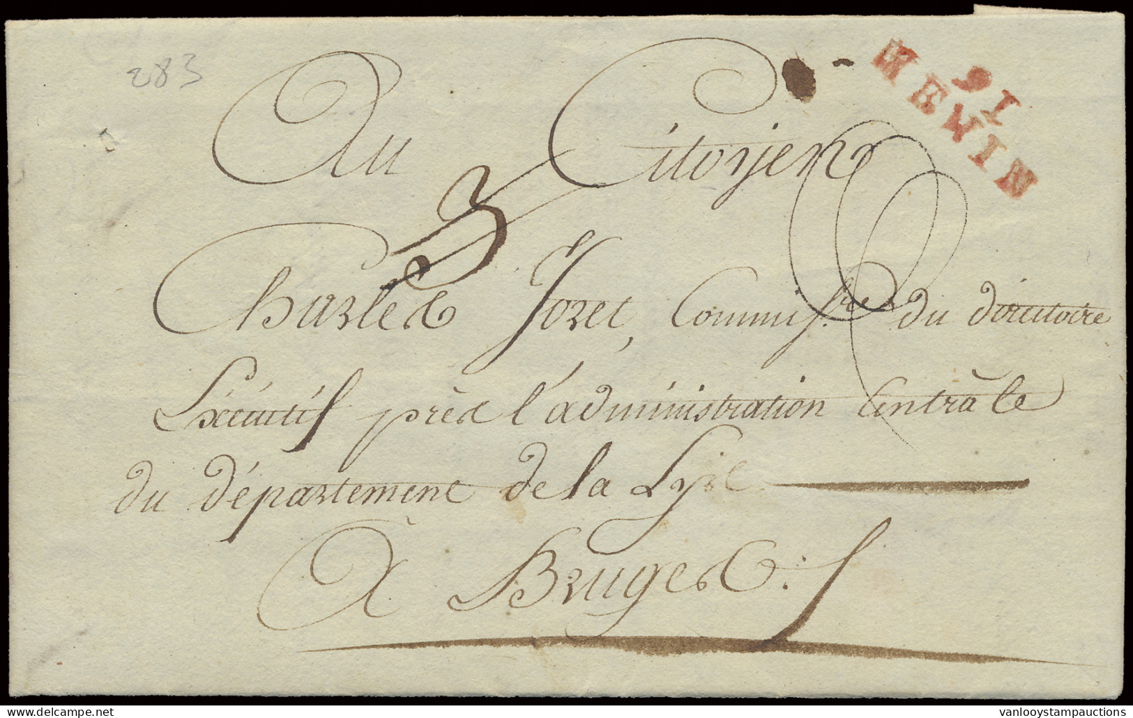 Voorloper MENING H23 (Herlant) (27 X 10), Dd. 17 Vendémiaire Jaar? Naar Brugge, Port 3 Dec., Zm - 1794-1814 (French Period)