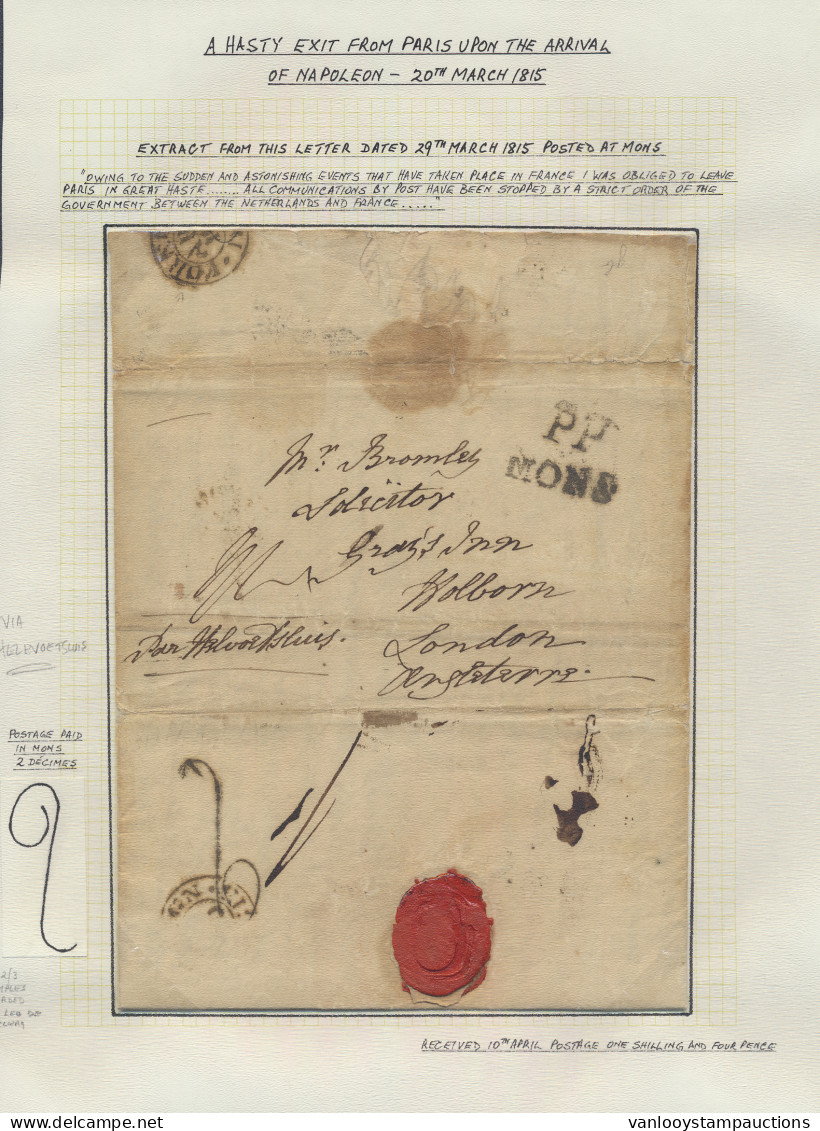 1815 Voorloper Met Inhoud, Vanuit Mons Dd. 29 Maart 1815, (zwarte Naamstempel MONS + PP, Herland 63), Naar Londen (Engel - 1815-1830 (Dutch Period)