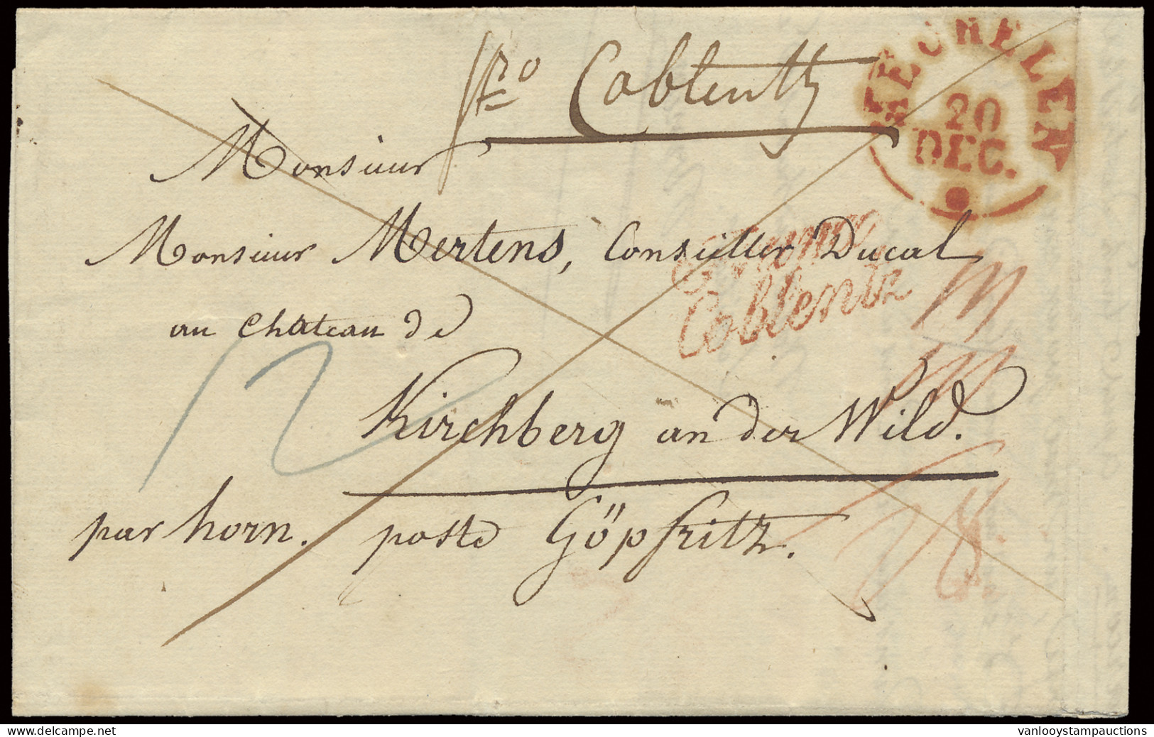 1830 Voorloper Met Inhoud, Vanuit Mechelen (Herlant 35), Via Meerdere Kantoren Naar Kirchberg (Duitsland/Horn-Sittard-Ge - 1830-1849 (Belgique Indépendante)