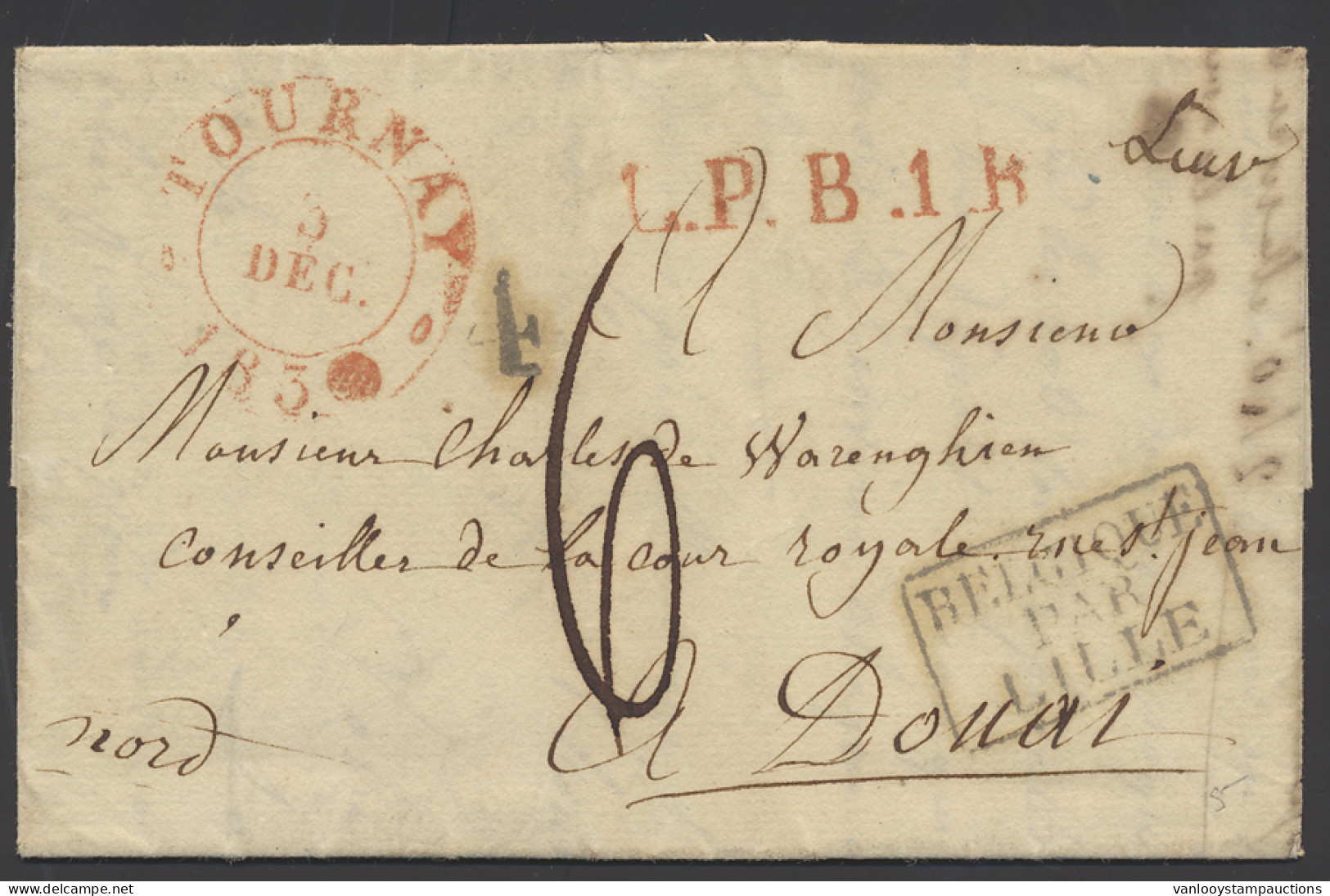 1834 Voorloper Met Inhoud, Vanuit Tournay, Briefaanhef Mr. Cuvalier, Juge-de-paix à Leuze, Dd. 3 December 1834, 4 In Zwa - 1830-1849 (Belgica Independiente)