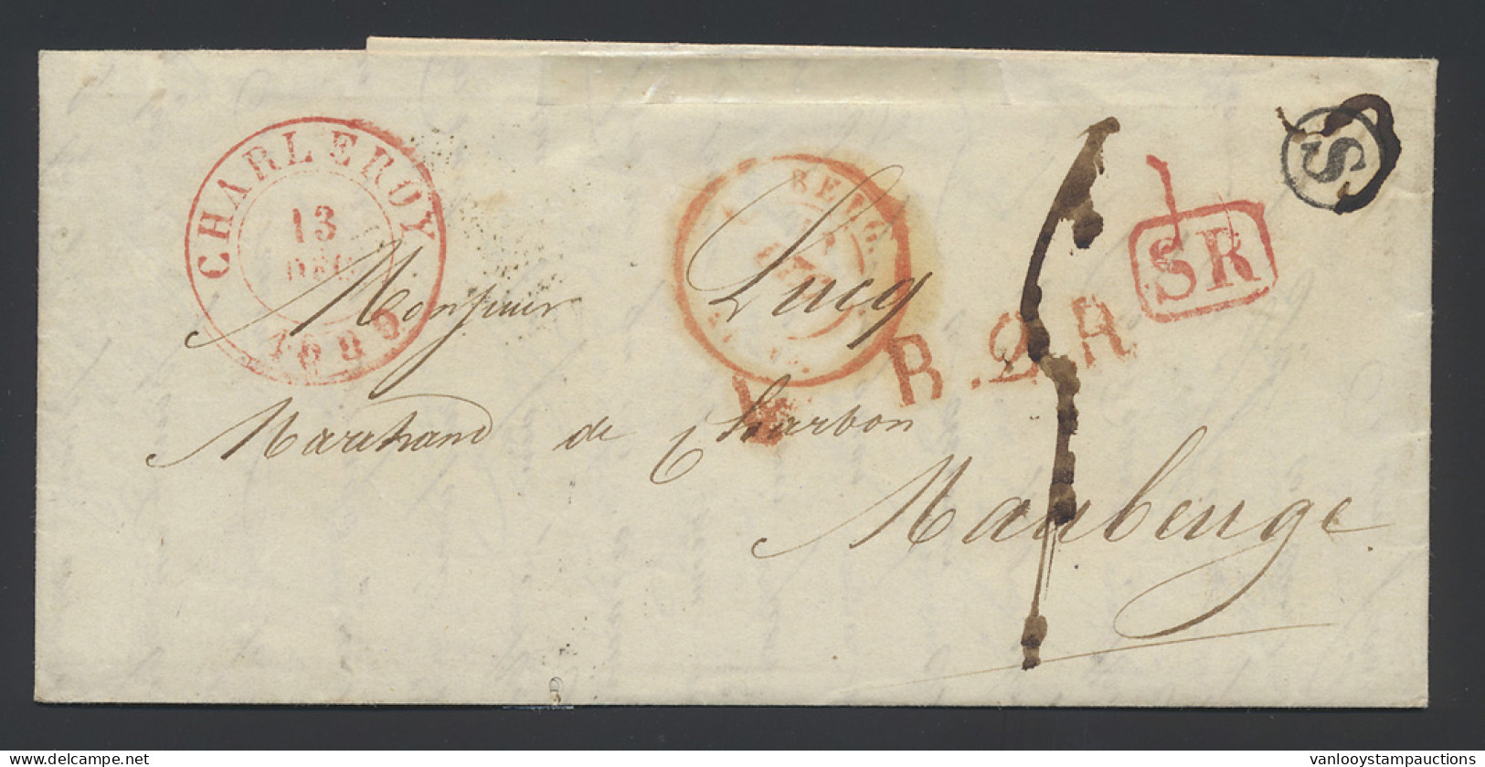 1839 Mooie Brief Met Postbusletter S In Cirkel, Rode SR-stempel, Dubbelcirkelstempel Charleroi 13 Dec 1839 Naar Maubeuge - 1830-1849 (Belgique Indépendante)