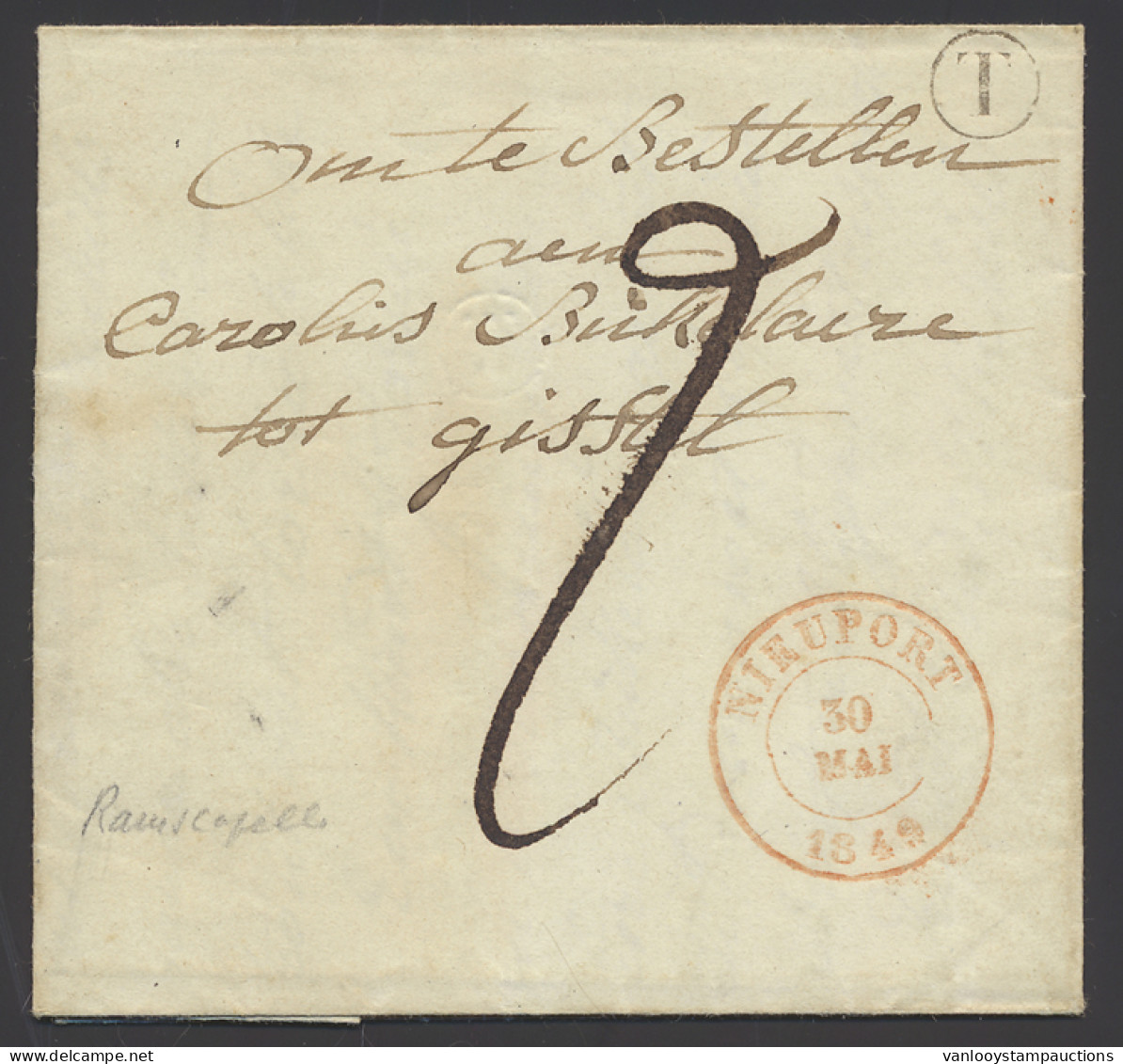 1849 Voorloper Vanuit Nieuwpoort, Met Inhoud, Postbus T (Ramscappelle), Dd. 28 Mei 1849 Naar Gistel. Afstempeling Achter - 1830-1849 (Belgica Independiente)