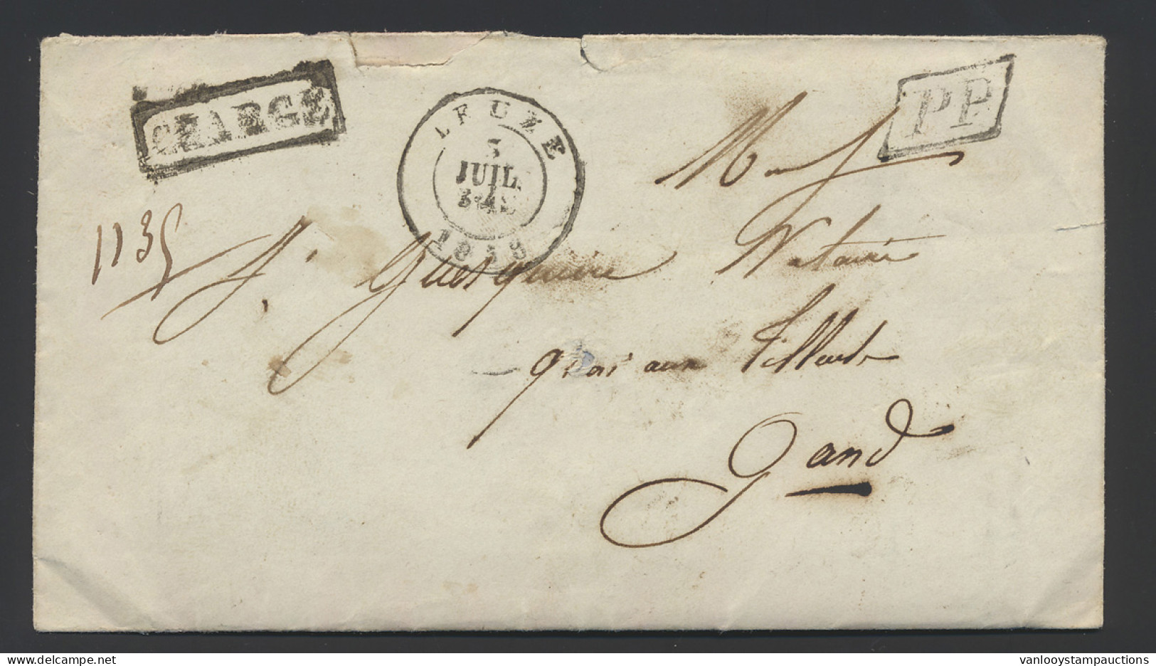 1859 Brief Uit Leuze 3 Juil 1859 Naar Gand 1859, Ingekaderde CHARGE En 3PP In Parallelogram, Stempels, Versozijde Geslot - 1830-1849 (Unabhängiges Belgien)