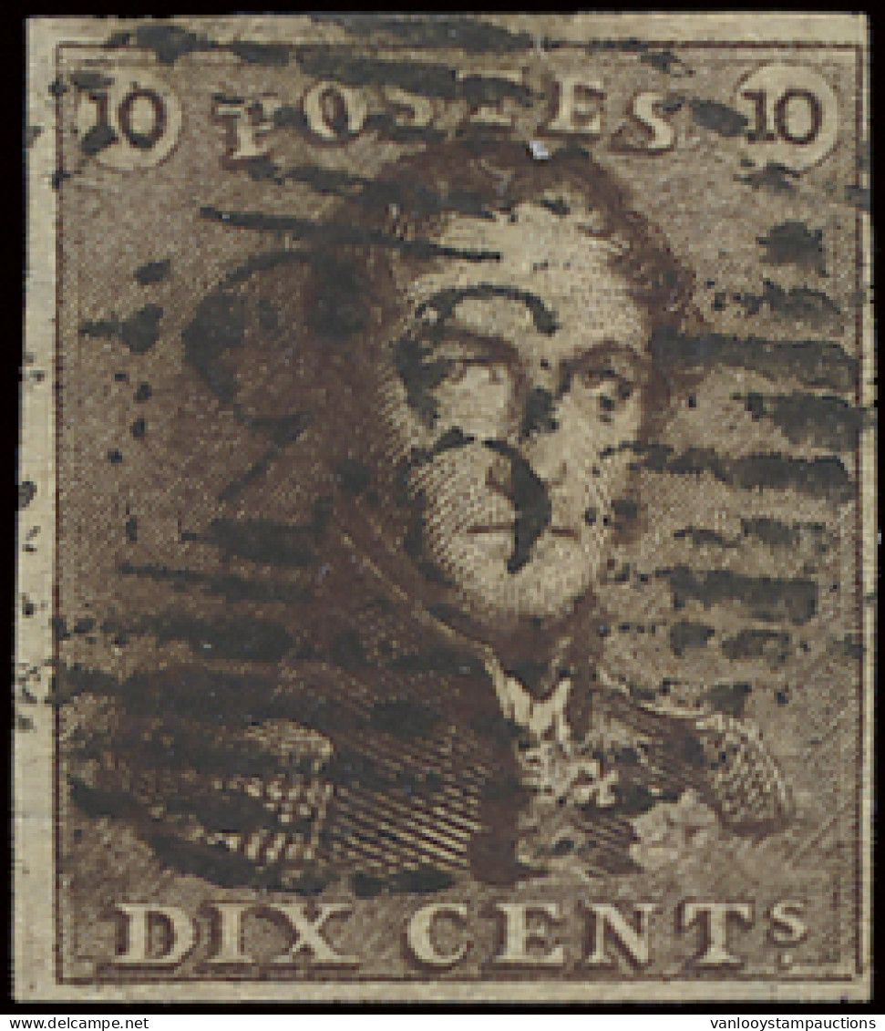 N° 1 10c. Bruin, Volrandig, P.83 Mons, Mooie Afstempeling Kopstaand, Prachtig, Zm (COBA €5) - 1849 Epaulettes