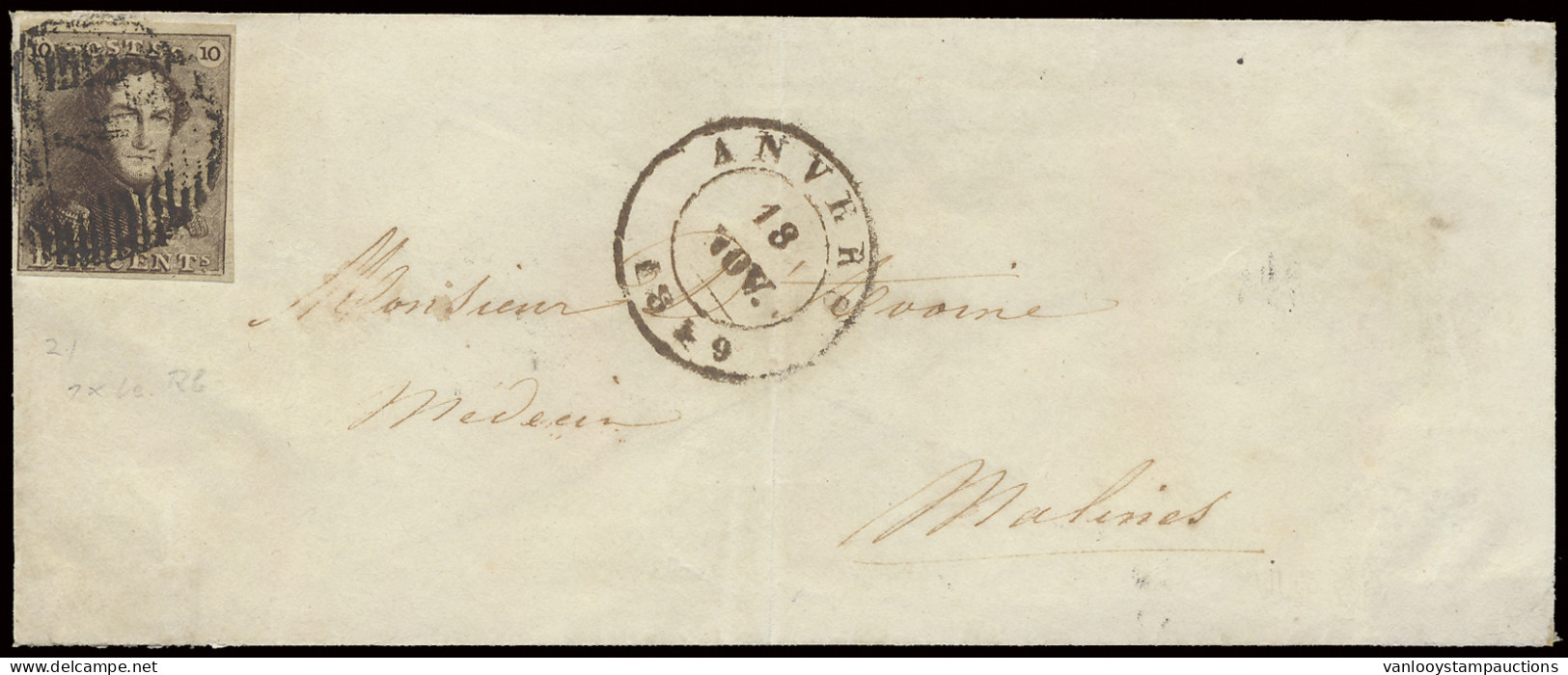 1849 N° 1 10c. Bruin, Volrandig, Op Brief Van P.4-Anvers, Dd. 18-11-1849 Naar Malines, Zm (OBP 220) - 1849 Epaulettes