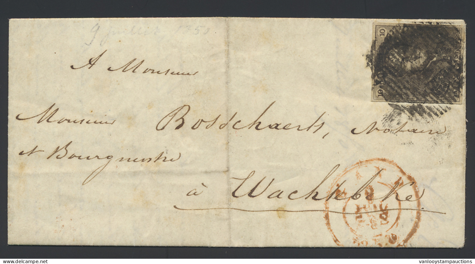 1850 N° 1 10c. Bruin, Op Brief Met Inhoud, Volrandig, P.45 (zeer Vettige Stempel), Dd. 9 Juli 1850, Naar Wachtebeke, M/n - 1849 Schulterklappen