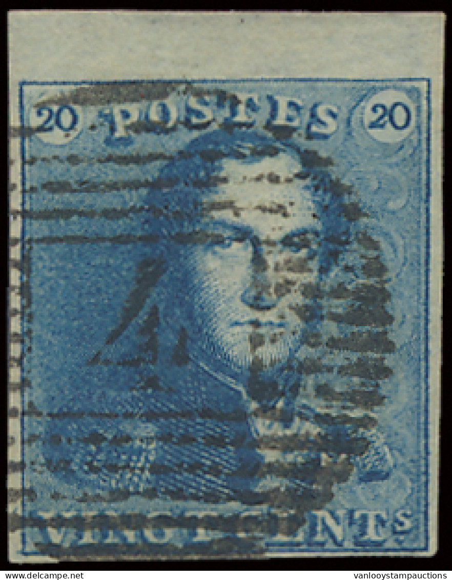 N° 2 20c. Blauw, Afstempeling P4 Antwerpen, Volrandig Met Bovenbladboord, Zm (OBP ++€60) - 1849 Hombreras