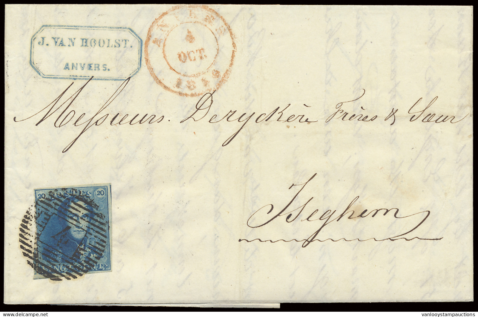 1849 N° 2 20c. Blauw, Volrandig, Op Brief Van P.4-Anvers, Dd. 04-11-1849 Naar Isegem, 4 Sporen Van Geburen (OBP €150) - 1849 Hombreras