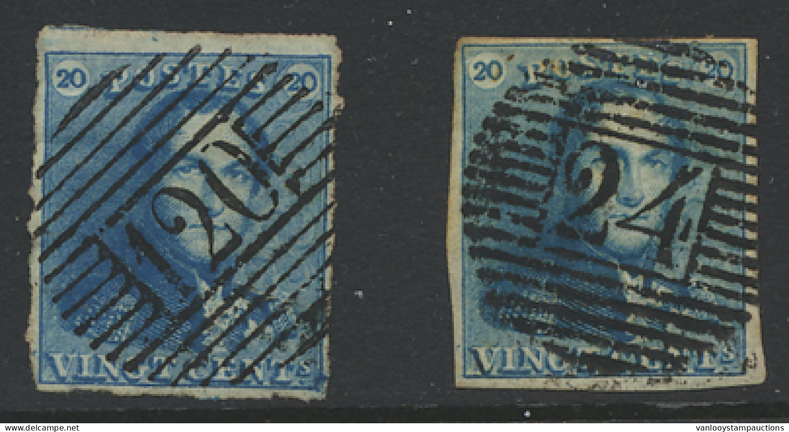 N° 2-Cu 20c. Blauw Met P.120 En P.24 Afstempelingen, Beide Met Blauwe Kleurvlekken Aan De Rand, Maar Binnen Het Zegelbee - 1849 Epaulettes