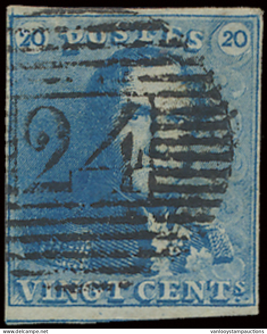 N° 2A-V6 (Balasse) 20c. Blauw, Variëteit Verlenging Van De Linkerbovenkaderlijn Naar Boven, Zm (OBP €165) - 1849 Schulterklappen