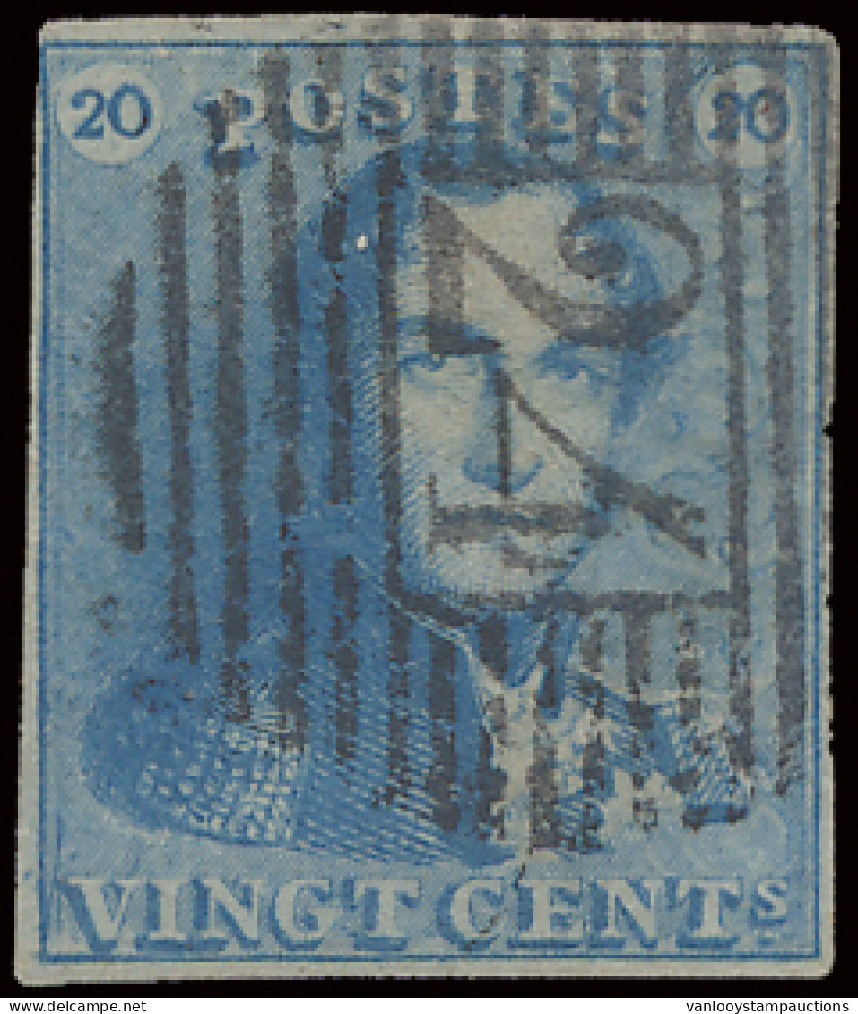 N° 2A-V8 (Balasse) 20c. Blauw, Variëteit Kleine Vork, Volrandig, Zm (OBP €165) - 1849 Epaulettes