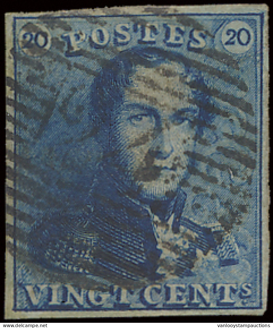 N° 2A-V12 (Balasse) 20c. Blauw, Verticale Dikke Kleurstreep Naast Rechter Buitenste Kaderlijn (ntz), M/ntz (OBP €165) - 1849 Epaulettes