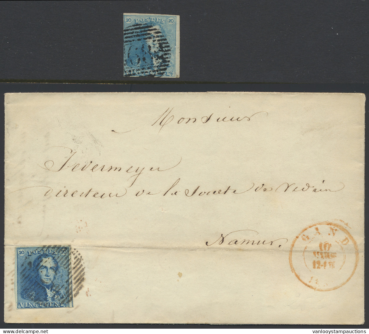 1850 N° 2 20c. Blauw, Links Ingesneden Met Rechter Bladboord, N° 2A 20c. Blauw Van Gand Dd. 10/3/1850 Naar Namen, M/ntz - 1849 Epaulettes
