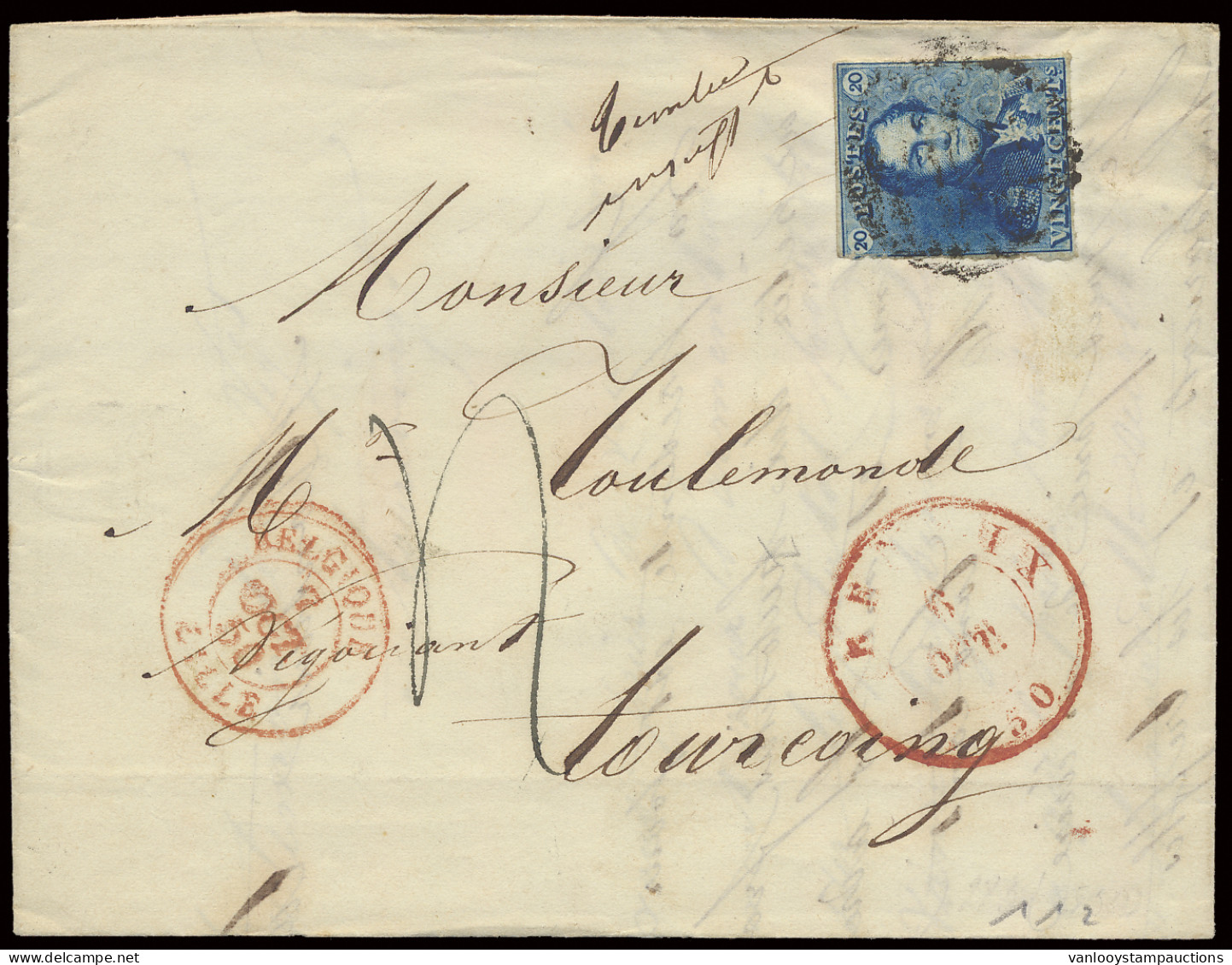 N° 2 20c. Blauw Op Brief Met Inhoud Van P.100-Renaix Naar Tourcoing (Frankrijk), Manuscript Timbre Insuff Dd. 6/10/1850, - 1849 Epaulettes