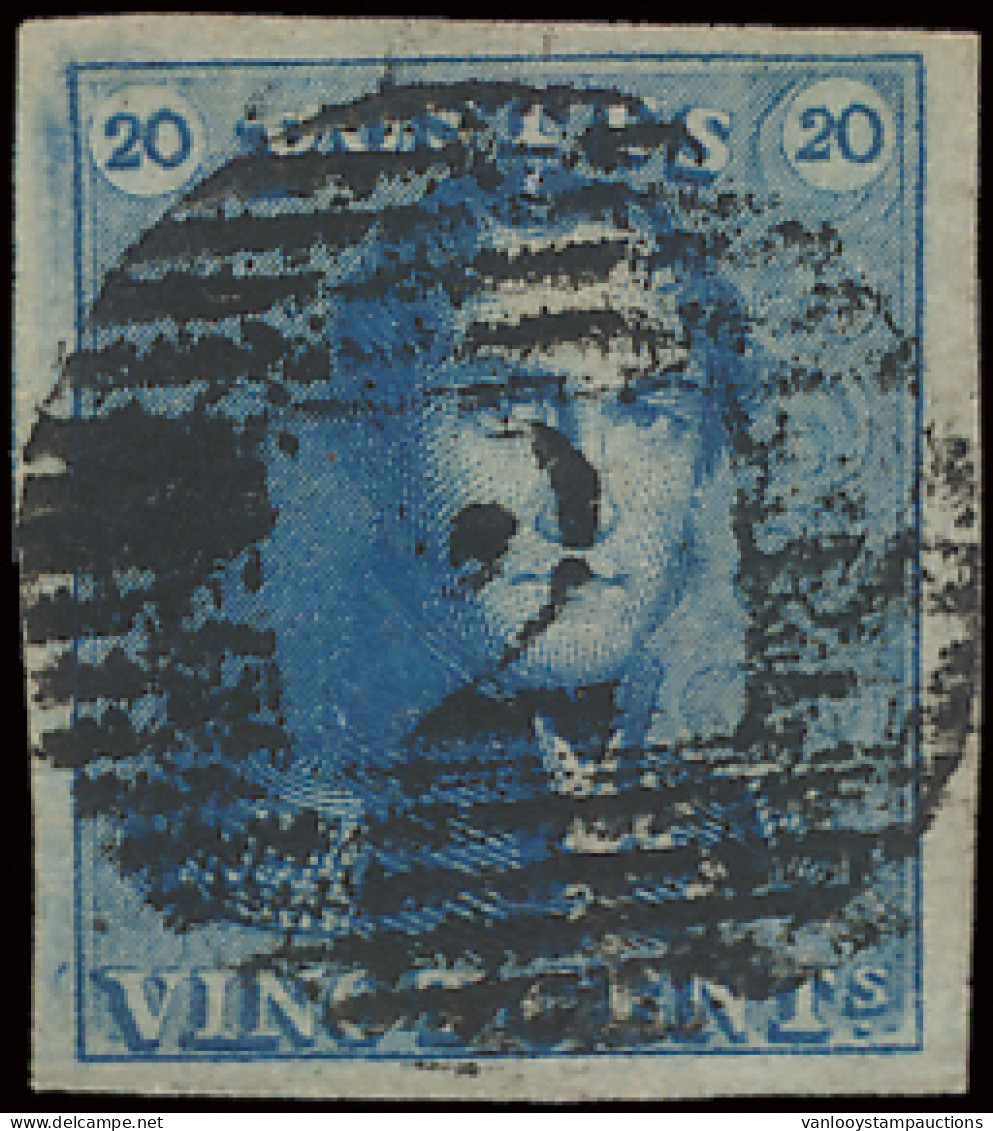 N° 2A 20c. Blauw, Volrandig, P.2 Alost, Positie 10, Mooie Afstempeling, Prachtig, Zm (COBA €15) - 1849 Epaulettes