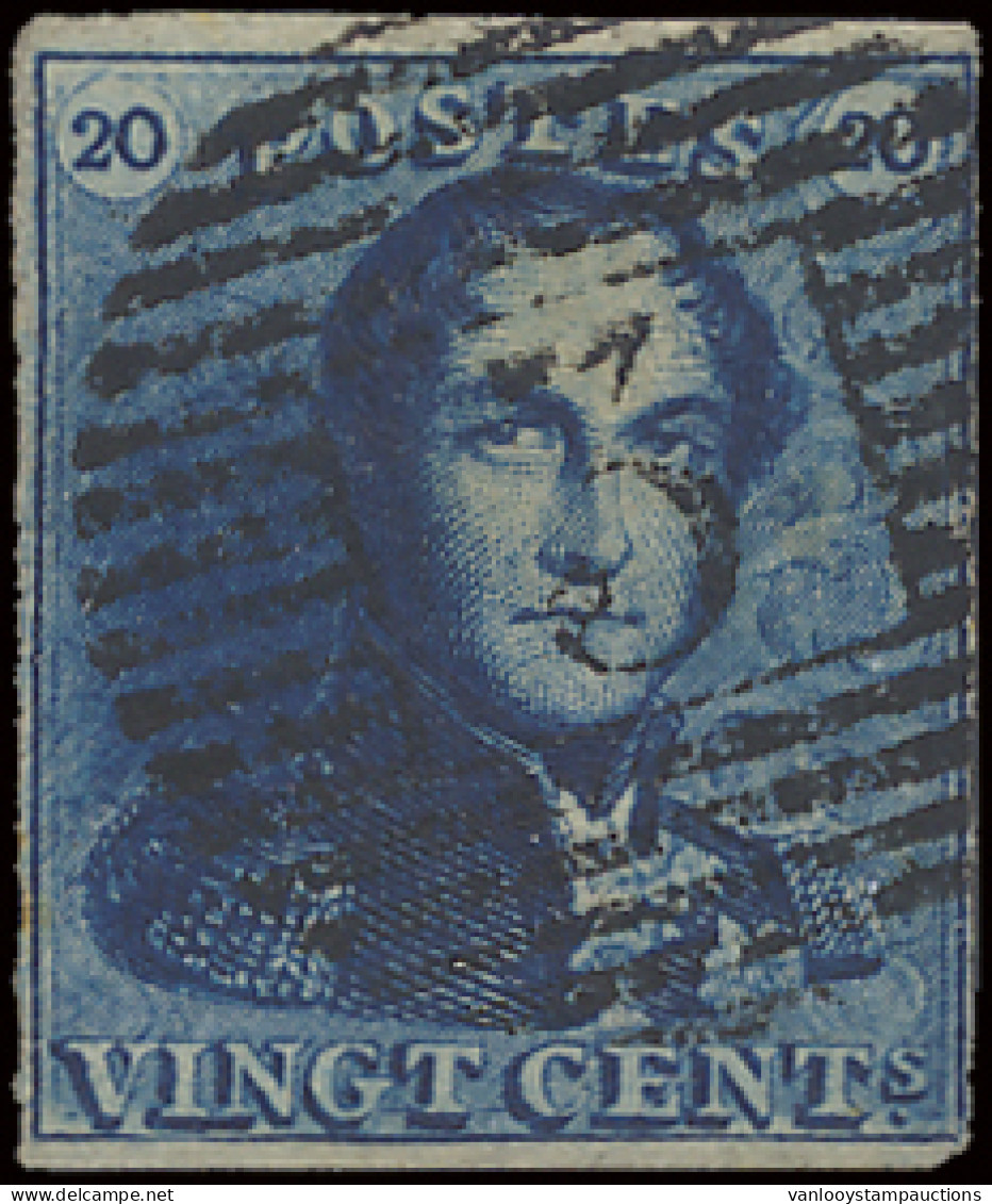 N° 2A 20c. Blauw, Volrandig, Maar Heeft Inkeping Aan De Rechterzijde, P.3-Andenne, Centrale Afstempeling, M/ntz (COBA €7 - 1849 Epaulettes