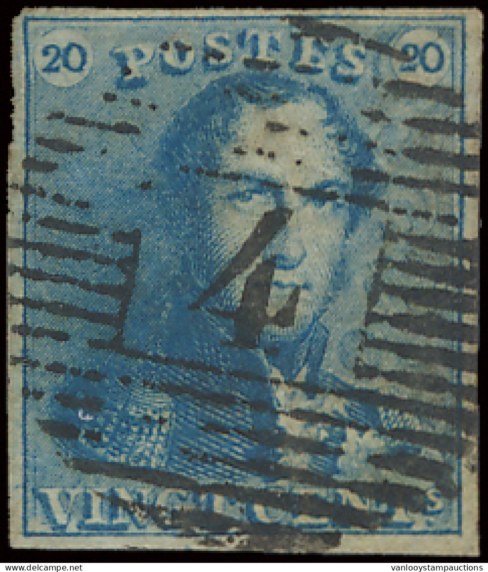 N° 2A 20c. Blauw Met P.4-Anvers, Prachtige Griffe In De Ondermarge Links, Mooi Gerand, Zm/m (OBP €60) - 1849 Epaulettes