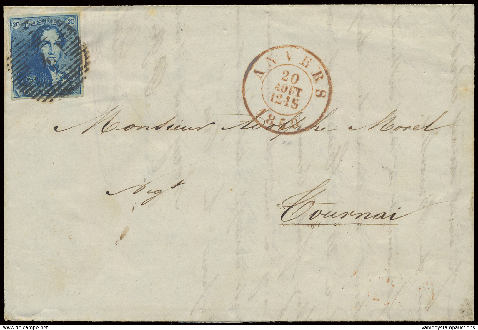 N° 2A 20c. Blauw, Volrandig, Op Brief Van P.4-Anvers, Dd. 20-09-1850 Naar Tournay (OBP €150) - 1849 Epaulettes