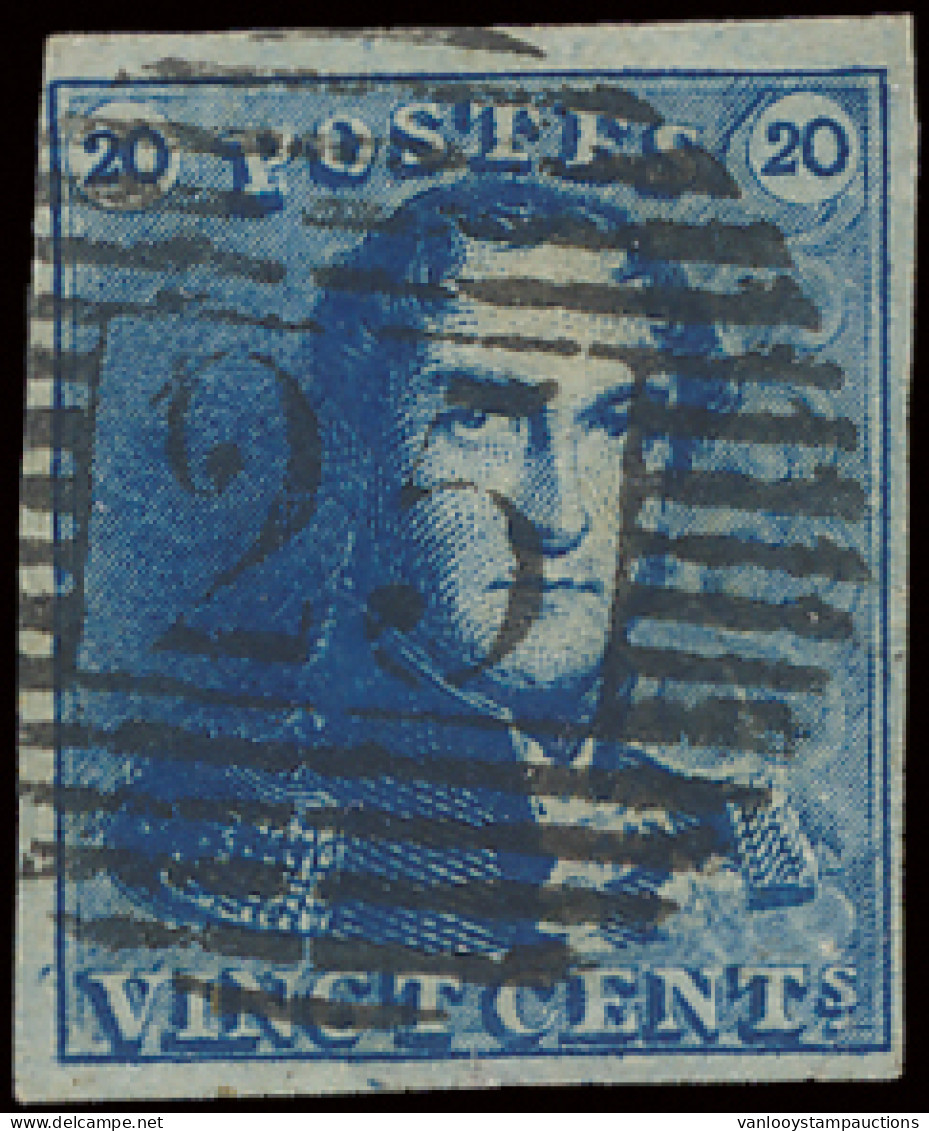 N° 2A 20c. Blauw, Volrandig, P.25 Charleroi, Centrale Afstempeling, Prachtig, Zm (COBA €5) - 1849 Hombreras