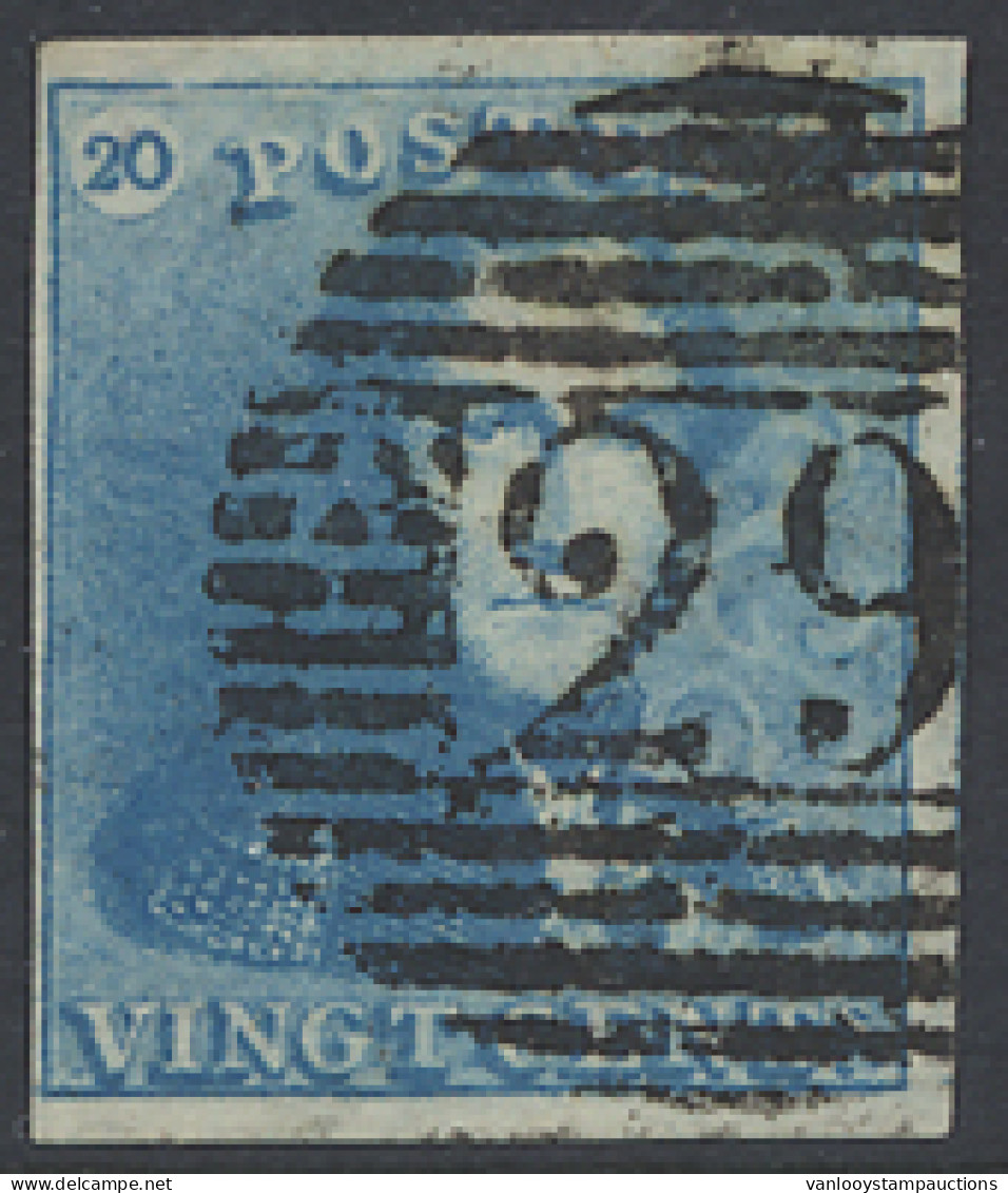 N° 2A 20c. Blauw, Volrandig, P.29 Courtrai, Centrale Afstempeling, Zm (COBA €15) - 1849 Epaulettes