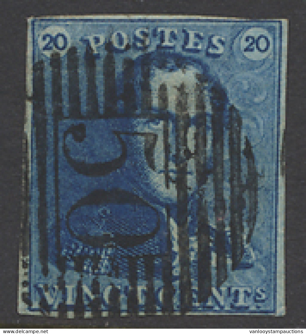 N° 2A 20c. Blauw, Volrandig Maar Kort, P.50 Gosselies, Mooie Afstempeling, Zegel Heeft In Beide Onderhoeken Een Plooi, M - 1849 Epaulettes