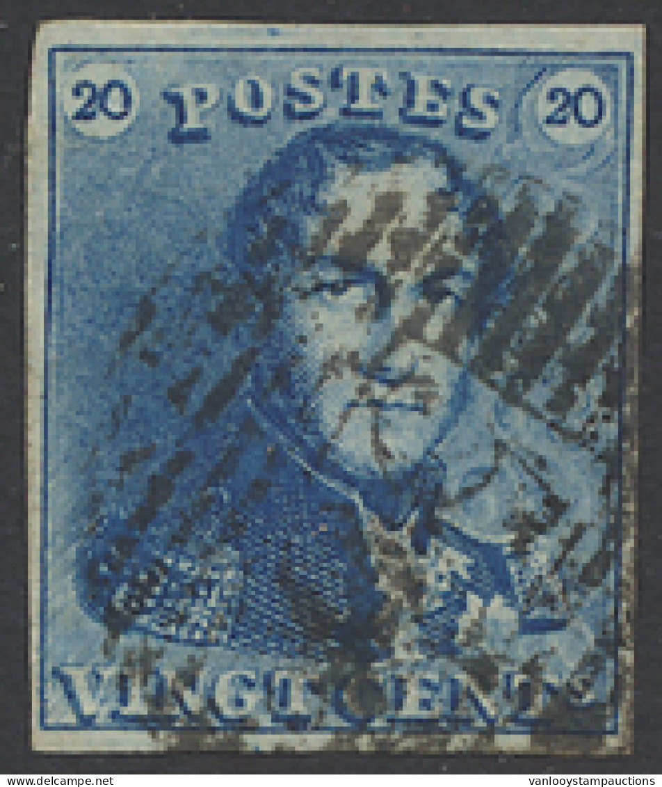 N° 2A 20c. Blauw, Volrandig, P.53 Hal (onduidelijke Stempel), Enkele Griffen Binnen En Buiten Zegelbeeld, Zm/m - 1849 Epauletten