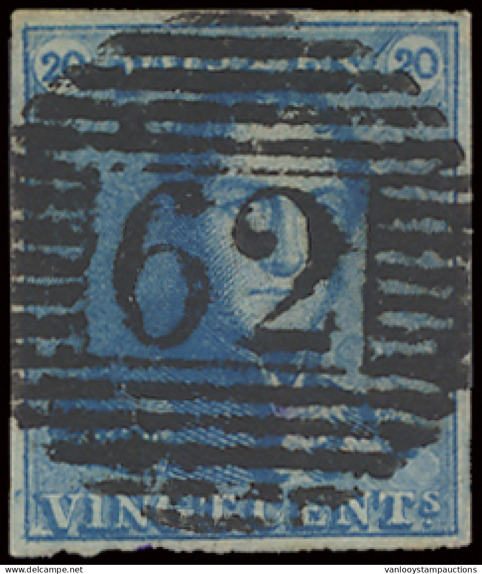 N° 2A 20c. Blauw, Volrandig, P.62 Huy, Centrale Stempel, Jammer Van Inktvlek Op Achterzijde, Prachtig, Zm (COBA €15) - 1849 Epaulettes