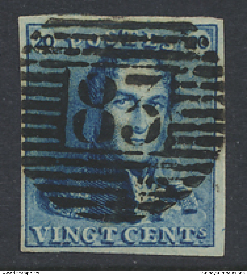 N° 2A 20c. Blauw, Volrandig, P.83 Mons, Centraal Gestempeld, Prachtig, Zm (COBA €5) - 1849 Epaulettes
