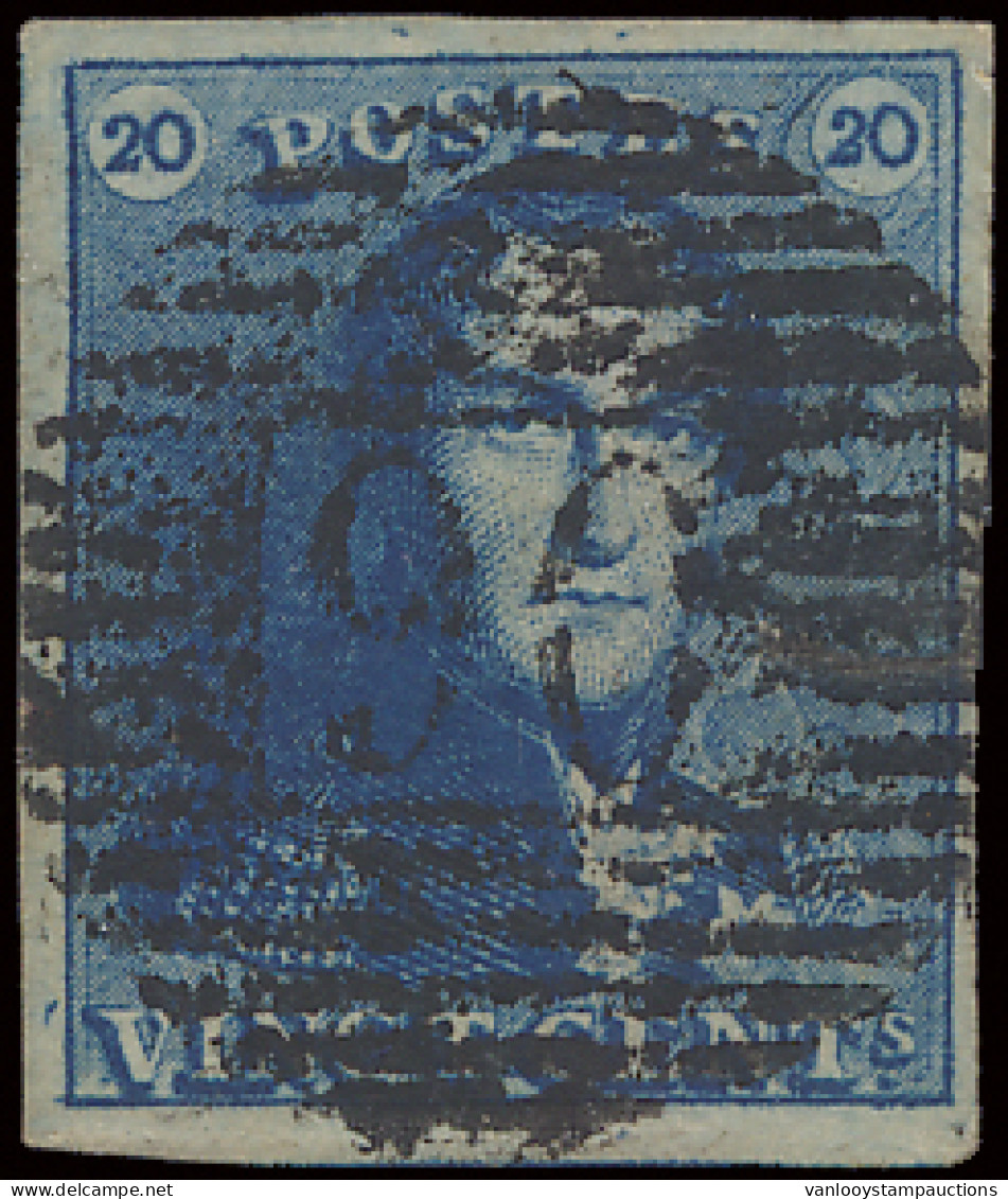 N° 2A 20c. Blauw, P.90-Oostende, Mooi Gerand, Centraal Gestempeld, Zm (OBP €60 + COBA €10) - 1849 Epaulettes