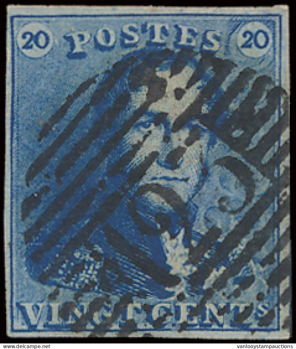 N° 2A 20c. Blauw, Volrandig, P.123 Verviers, Mooie Stempel, Met Rechtergebuur, Zm (COBA €10) - 1849 Epaulettes